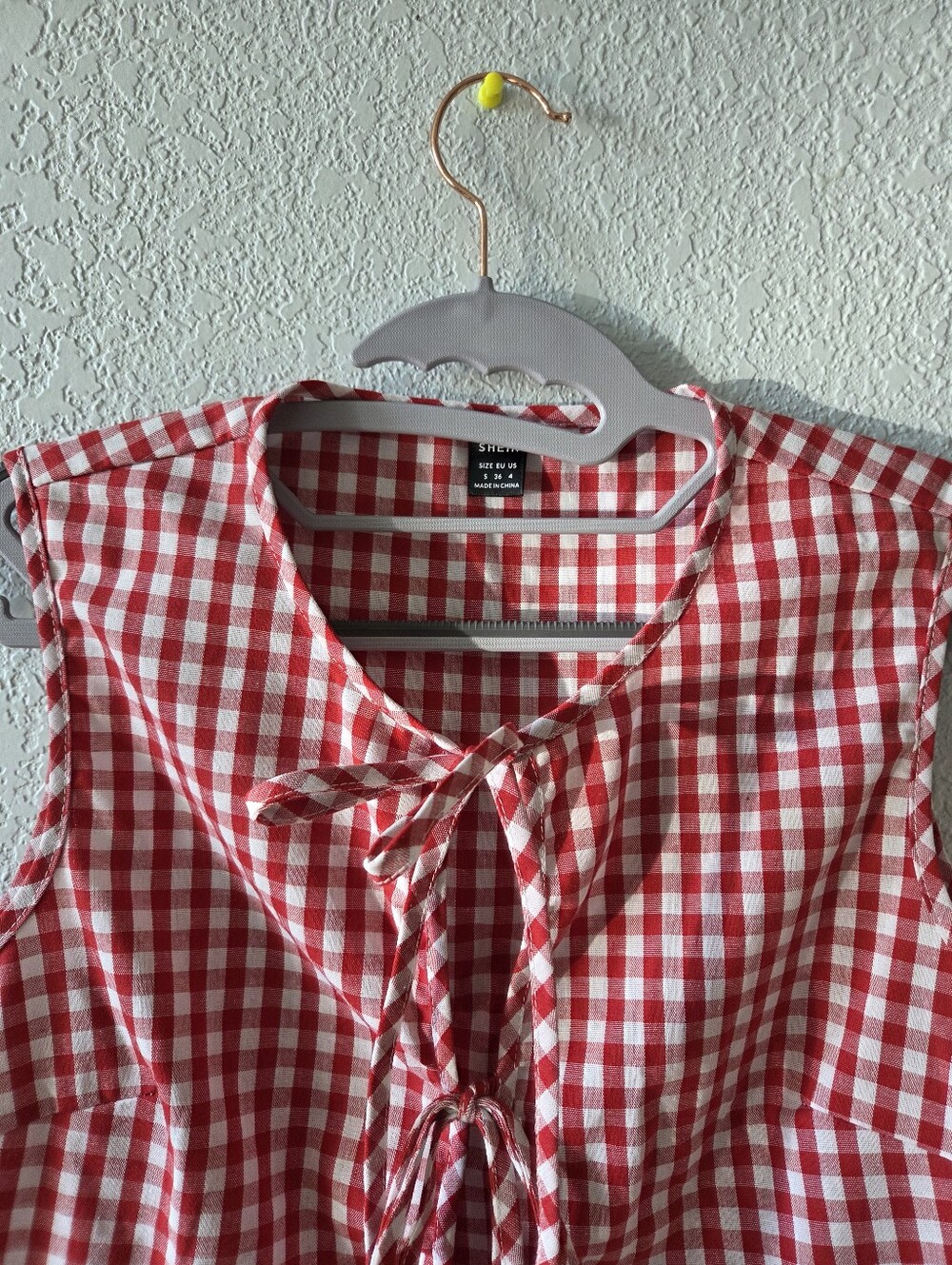 SHEIN Red & White Gingham Tie-Front Peplum Top - Picture 2 of 4